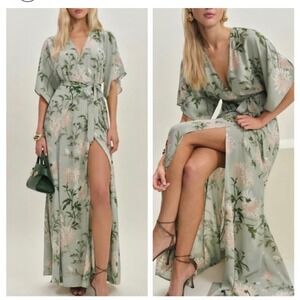 Reformation Winslow Floral Wrap Maxi Dress Sage Green Flutter Sleeve Slit S